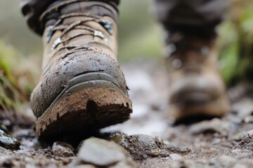 A close-up of a hiking boot stepping on a muddy trail.