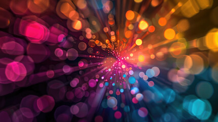 Vibrant, colorful bokeh lights blend in a rich spectrum, creating a magical and energetic scene