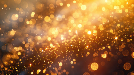 Golden bokeh lights softly scattered across a dark background create a warm, festive atmosphere