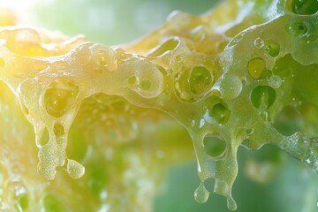 A close-up of translucent green material with bubbles, suggesting organic or natural elements.