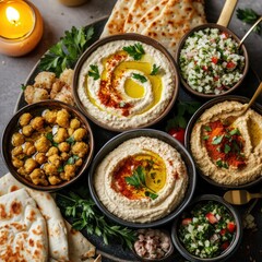 Orientalisches Mezze-Arrangement mit Hummus, Falafel, Taboulé und Brot – Nahöstliche Küche in Perfektion