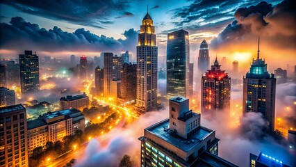 Foggy Cityscape at Night: Urban Exploration Photography Stock Photo