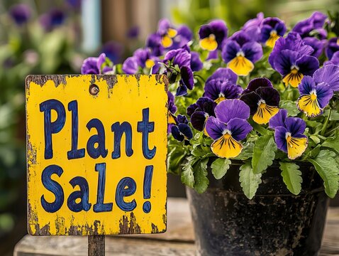 Bright "Plant Sale" sign next to vibrant purple and yellow pansies in a rustic garden setting