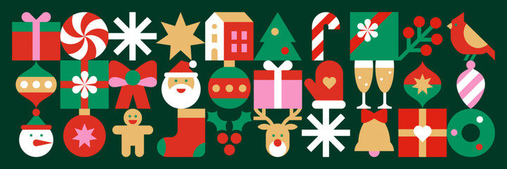 Merry Christmas background. Seamless pattern with winter icons in abstract modern geometric flat style.Design for greeting card, invitation or web.Happy holidays.Vector illustration.