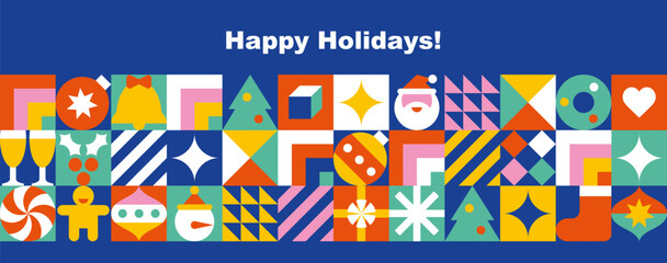 Christmas and New Year banner template for card, invitation or advertising. Seamless border with icons in abstract modern flat style. Happy holidays. Winter wishes. Vector illustration. © Anna Sm