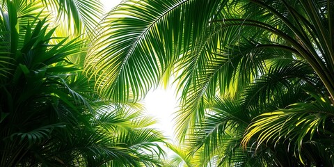 Lush green tropical palm leaves against a clear blue sky, foliage, plants