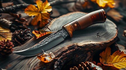 Softly Lit Damascus Knife Highlighting Rugged Elegance, 柔らかい照明が荒々しい優雅さを引き立てるダマスカスナイフ.Generative AI