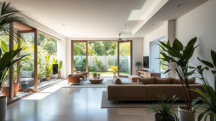 Fototapeta premium Modern interior design with seamless transition to a lush outdoor garden, open concept, contemporary