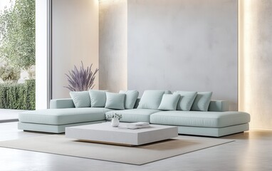 Fototapeta premium Levanto living room with pastel mint sectional and polished concrete table
