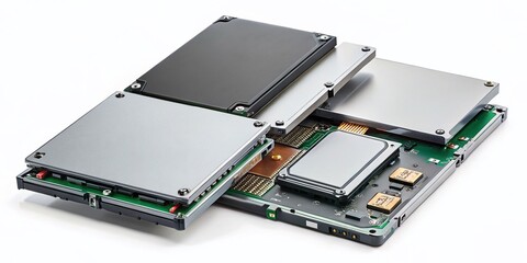 Four Different SSD & HDD Drives: NVMe, SATA, M.2 - PC Data Storage Components Isolated on White