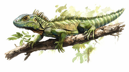 Green iguana on a branch. Basilisk. Illustration