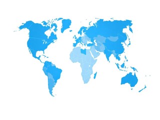 Obraz premium Political map of the world in blue and white colors Geographical boundaries and country names clearly labeled Suitable for education, travel, and business uses, continents, vector