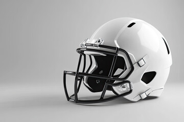 Fototapeta premium White American football helmet with black facemask on a grey background.