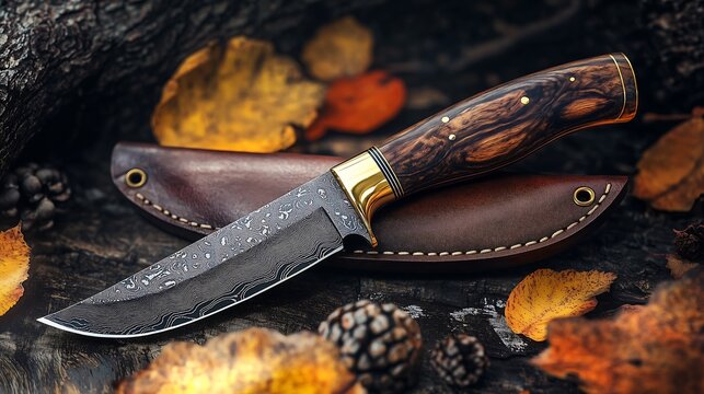 Elegant Damascus Hunting Knife with Rustic Autumn Leaves Background, 秋の森を背景にした優雅なダマスカス狩猟刀.Generative AI