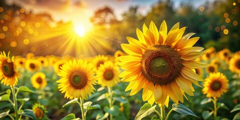Fototapeta premium French Countryside Sunflower Field, Bright Yellow Flowers, Cooking Oil Production, Bokeh Effect