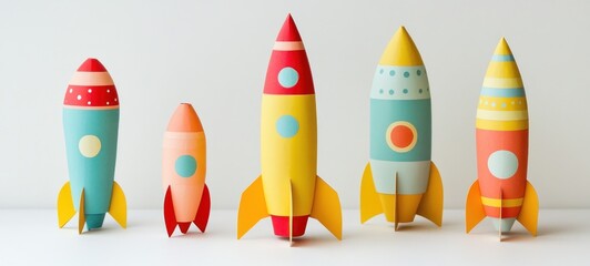 Colorful toy rockets of varying sizes arranged on a white surface.