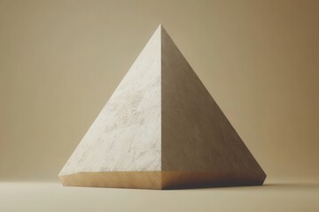 A minimalist pyramid sculpture with a textured surface and wooden base against a neutral background.