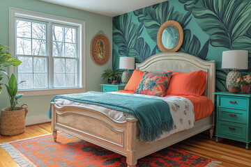 Chambre Parentale R&eacute;tro-Chic avec Tapisserie Tropicale, Lit et Tables de Chevet Color&eacute;s