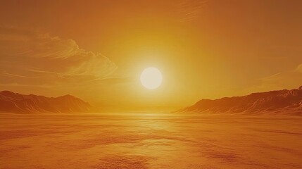 Naklejka premium Serene Sunset Over Vast Desert Landscape in Warm Orange Hues