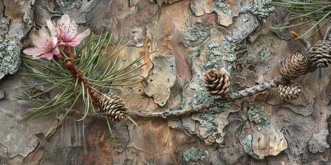 A close-up of a pine branch with cones and flowers against a textured bark background.