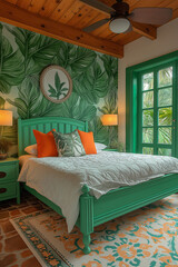Chambre Parentale Rétro-Chic avec Tapisserie Tropicale, Lit et Tables de Chevet Colorés