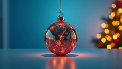 Fototapeta premium Defocused blue background with a glowing Christmas ornament on a table, glowing christmas, , frosty atmosphere