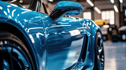 Glossy Blue Sports Car Close-Up with Reflective Surface Details
