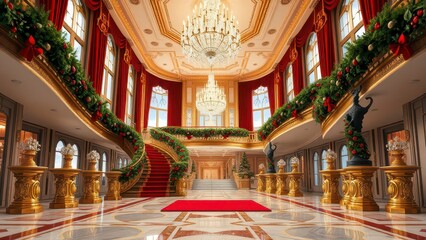 Obraz premium Hanging Christmas garland on a staircase leading to a grand ballroom , chandelier, holiday decor