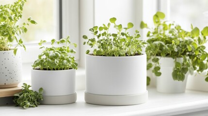 Fototapeta premium Fresh herbs in white pots on a windowsill.