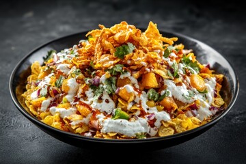 Delicious Indian street food dish in a black bowl.