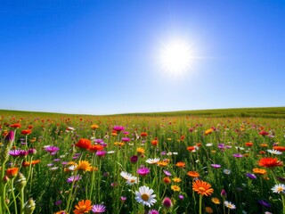 Obraz premium A beautiful field filled with bright yellow dandelions under a clear blue sky, serene, tranquil, field of flowers
