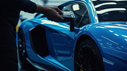 Person Polishing Shine on Blue Sports Car in Garage Setting