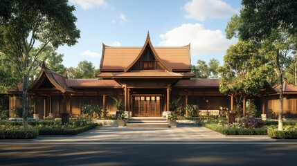 Traditional Asian Architecture with Lush Landscaping and Blue Sky