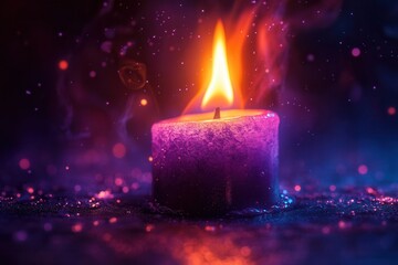 A glowing candle with vibrant colors and sparks, creating a serene and mystical atmosphere.