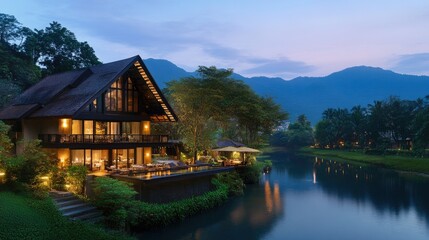 Obraz premium Serene Lakeside House at Twilight with Mountain Backdrop