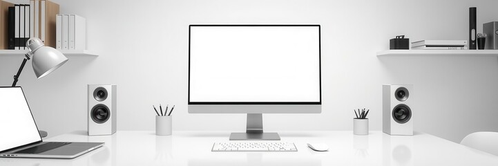 Fototapeta premium A realistic mockup template featuring a laptop computer and desktop monitor screen device on a tabletop, white, isolated