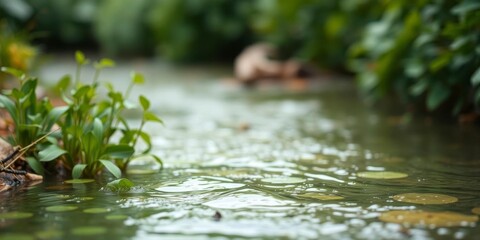 Fototapeta premium Blurred image of water and plants creating a serene natural background, water, earthy, blur