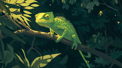 A green chameleon sitting on a tree branch. Basilisk. Illustration