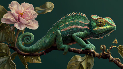 A green chameleon sitting on a branch with a flower. Basilisk. Illustration