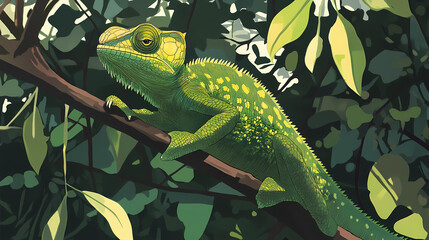 A green chameleon sitting on a tree branch. Basilisk. Illustration