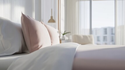 Fototapeta premium Simple modern bedroom with white and dusty rose bedding. Featuring a clean, bright design with minimal decoration