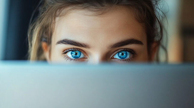 A young woman with deep blue eyes peeking above a laptop screen in a focused and thoughtful expression
