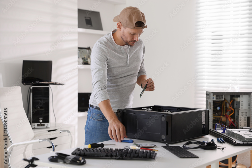 Poster man assembling new computer at white table