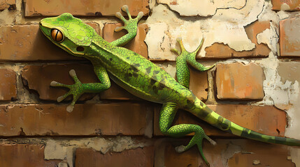 A green gecko is climbing up a brick wall. Basilisk. Illustration