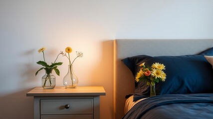Flowers in vase on bedside table next to king size bed with navy blue bedding, navy blue bedding, home decor