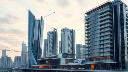 Naklejka premium Futuristic architectural design of a modern high end building developing over time with evolving features and technologies, progress, modern