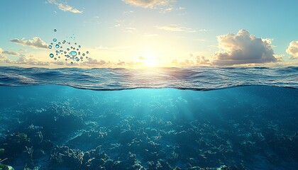 Ocean Surface and Underwater Coral Reef Sunset Scene