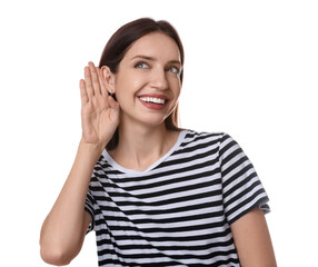 Woman showing hand to ear gesture on white background