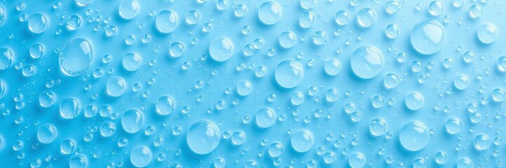 Macro close-up shot of water drops on vibrant blue background, liquid, purity, background