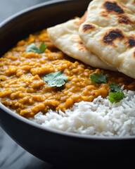 Bowl of dal makhani with rice and naan bread.